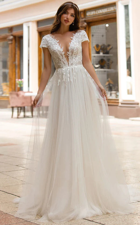 Luolandi Sexy A Line Plunging Neckline Tulle Sweep Train Wedding Dress with Appliques Beautiful