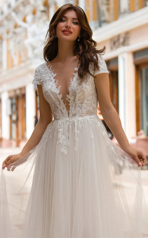 Luolandi Sexy A Line Plunging Neckline Tulle Sweep Train Wedding Dress with Appliques Beautiful