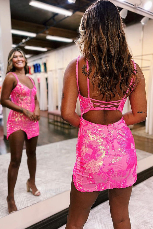 Luolandi Deep V neck Sequins Appliques Short Homecoming Dress Sparkly Party Dress