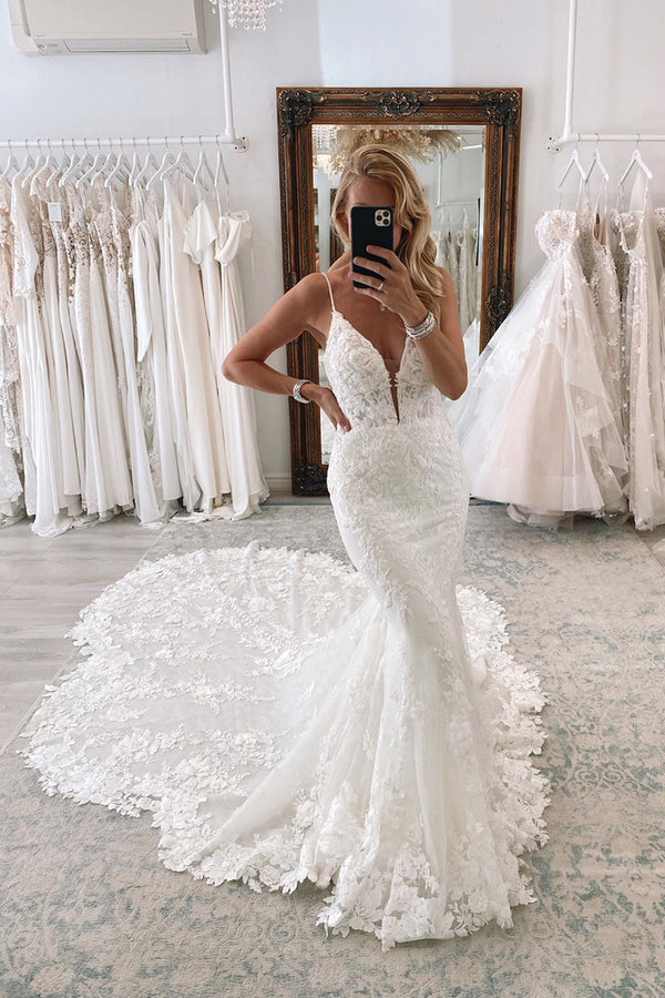Luolandi Deep V-neck thin shoulder strap all over lace fishtail wedding dress Sexy Beautiful