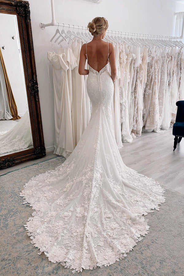 Luolandi Deep V-neck thin shoulder strap all over lace fishtail wedding dress Sexy Beautiful