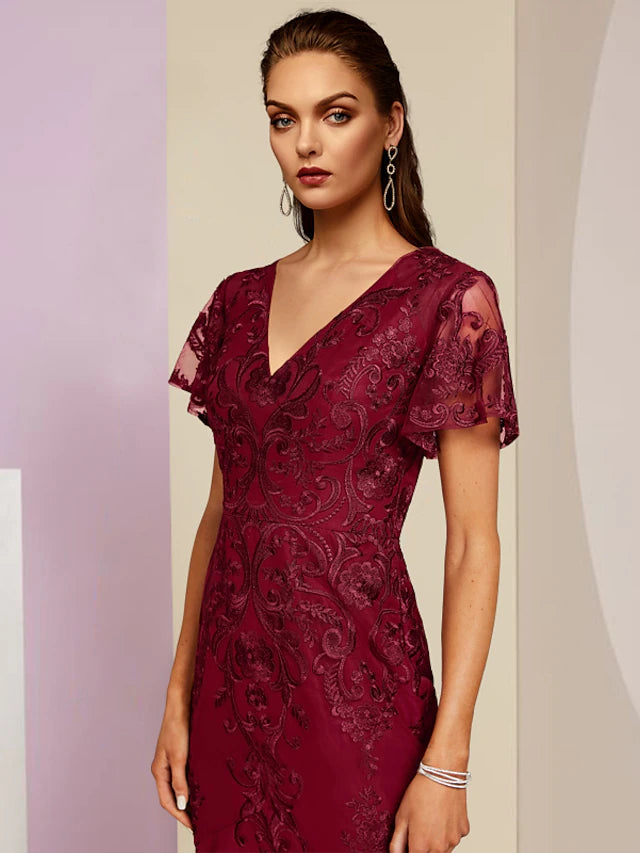 Luolandi Sheath / Column Mother of the Bride Dress Wedding Guest Party Elegant V Neck Tea Length Lace Short Sleeve with Pleats