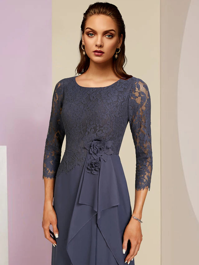 Luolandi Sheath / Column Mother of the Bride Dress Wedding Guest Party Elegant Scoop Neck Floor Length Chiffon Lace 3/4 Length Sleeve