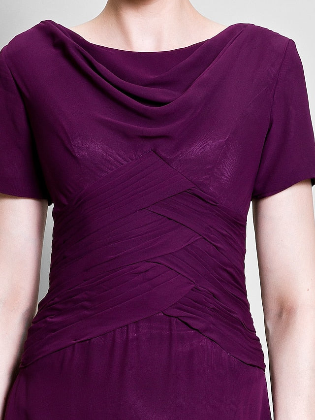 Luolandi A-Line Mother of the Bride Dress Cowl Neck Tea Length Chiffon Short Sleeve with Ruched Side