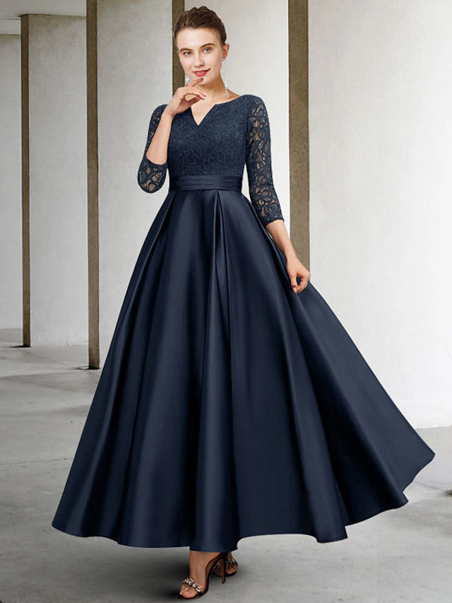 Luolandi A-Line Mother of the Bride Dress Plus Size Elegant V Neck Ankle Length Satin Lace 3/4 Length Sleeve with Pleats