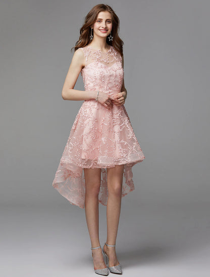 A-Line Hot Dress Wedding Guest Cocktail Party Asymmetrical Sleeveless Illusion Neck Tulle
