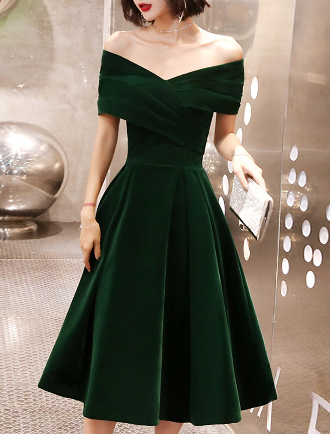 Luolandi A-Line Black Dress Plus Size Cocktail Party Prom Tea Length Short Sleeve Off Shoulder Velvet with Ruched