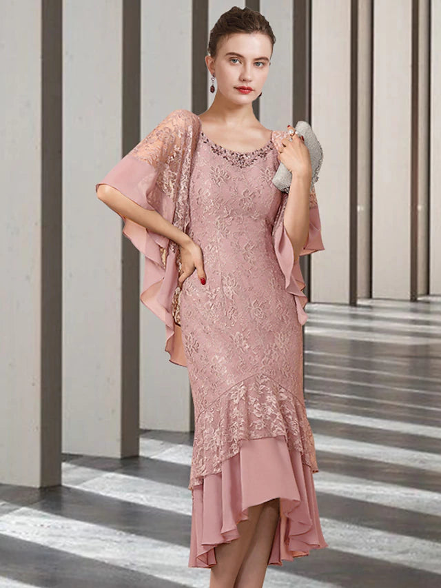 Luolandi Sheath / Column Mother of the Bride Dress Elegant High Low Jewel Neck Asymmetrical Tea Length Chiffon Lace Half Sleeve Wrap Included with Beading Ruffles