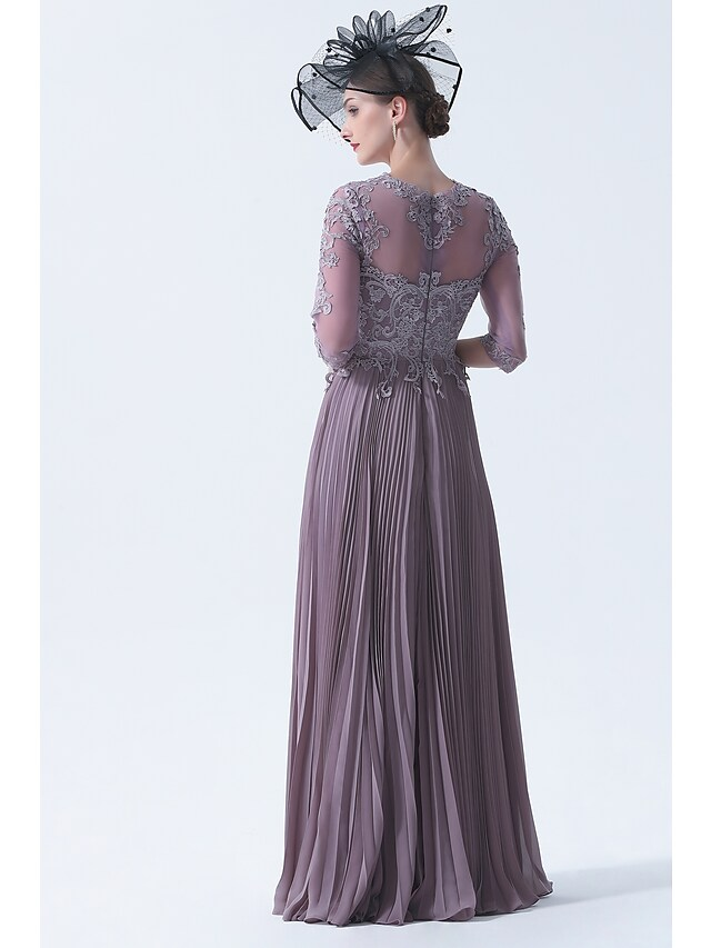 Luolandi A-Line Mother of the Bride Dress Plus Size Elegant See Through Bateau Neck Chiffon Lace Half Sleeve with Appliques