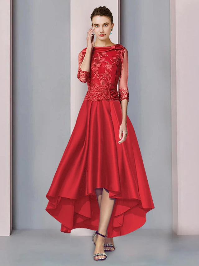 Luolandi A-Line Mother of the Bride Dress Formal Wedding Guest Elegant High Low Scoop Neck Asymmetrical Tea Length Satin Lace 3/4 Length Sleeve with Appliques