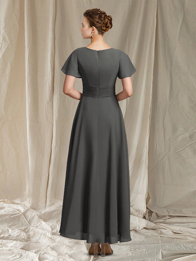 Luolandi A-Line Mother of the Bride Dress Elegant V Neck Ankle Length Chiffon Short Sleeve with Beading