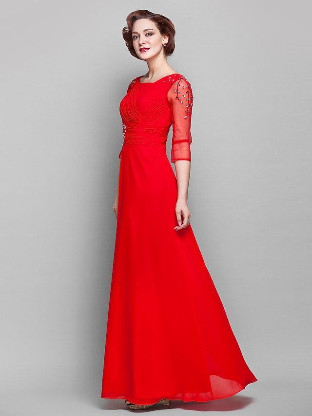 Luolandi Mother of the Bride Dress Vintage Inspired Square Neck Floor Length Chiffon Tulle 3/4 Length Sleeve with Criss Cross Red