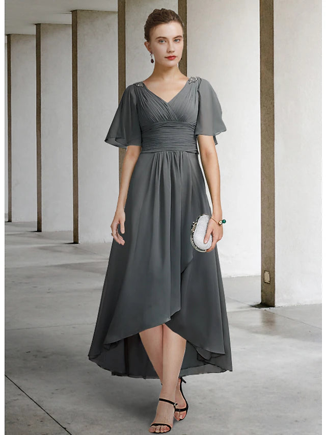 Luolandi A-Line Mother of the Bride Dress Elegant High Low V Neck Asymmetrical Chiffon Short Sleeve with Pleats