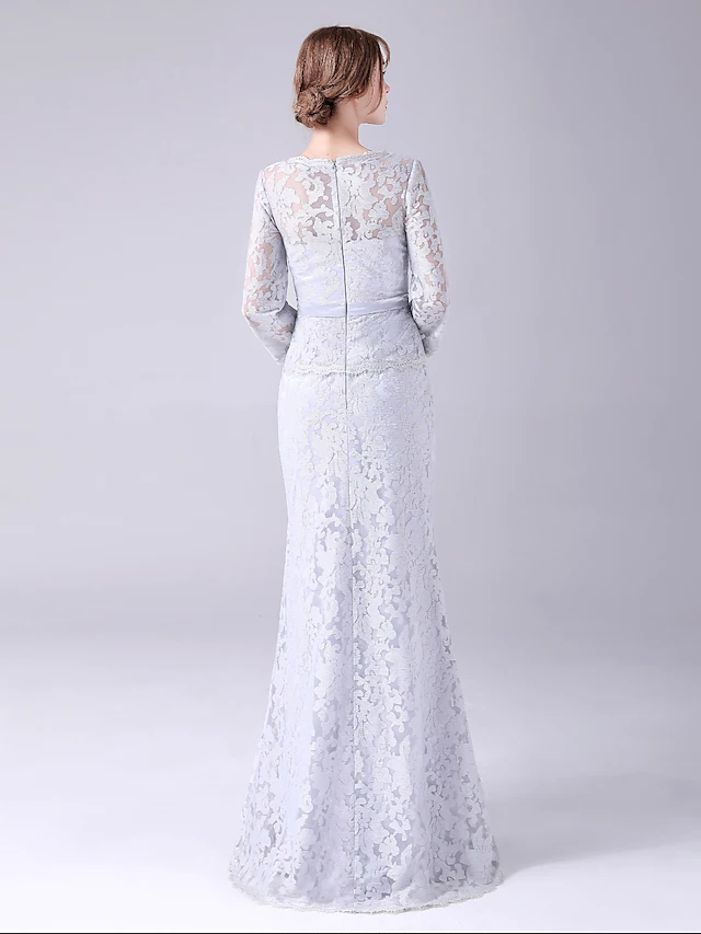 Luolandi Mother of the Bride Dress Elegant Sweet Jewel Neck Floor Length Lace Long Sleeve with Bow(s)