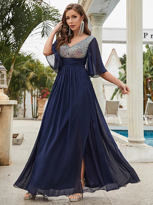 Luolandi A-Line Wedding Guest Dresses Sparkle & Shine Dress Party Wear Floor Length Half Sleeve V Neck Chiffon with Crystals