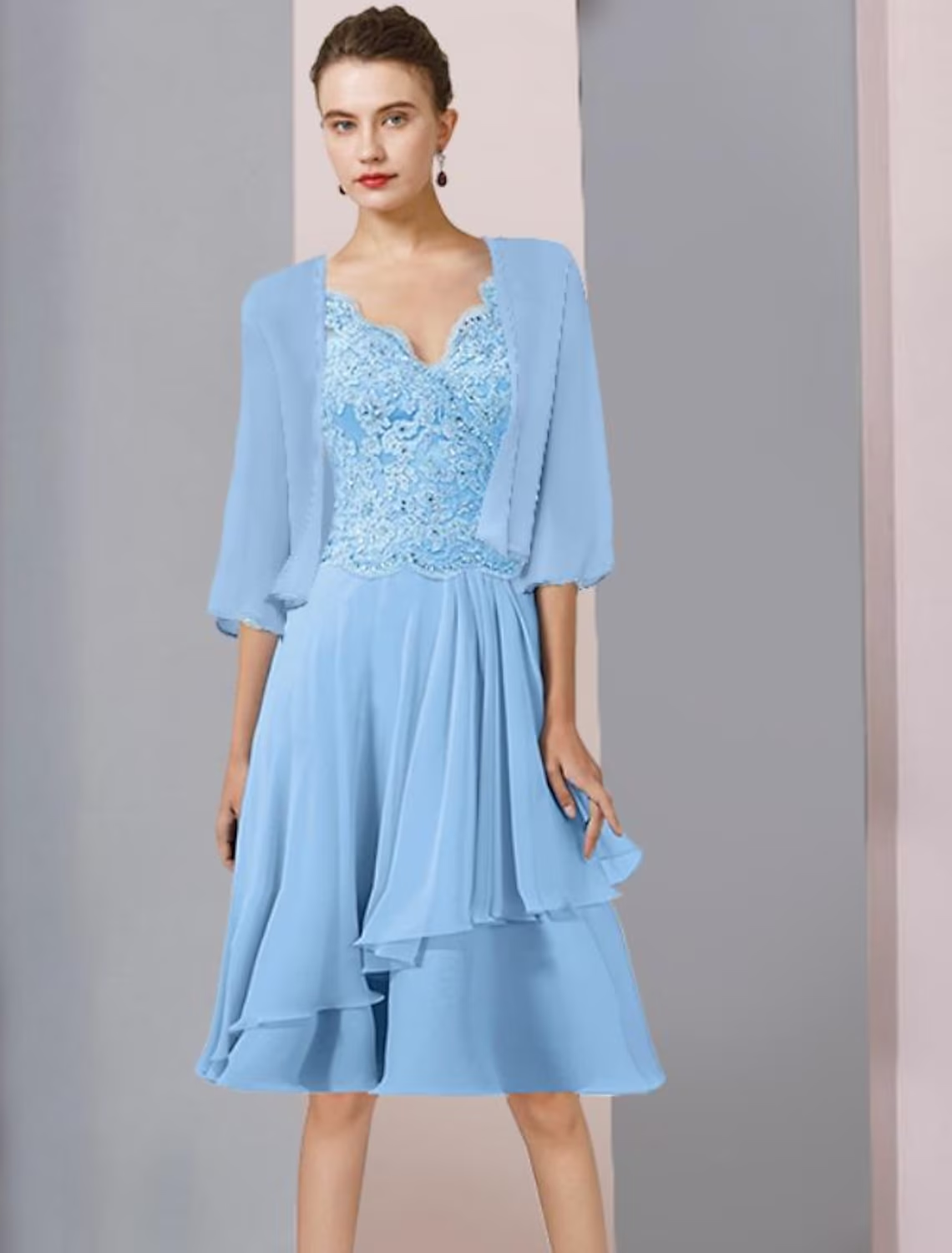 Luolandi Two Piece A-Line Mother of the Bride Dress Formal Wedding Guest Elegant V Neck Knee Length Chiffon Lace 3/4 Length Sleeve Wrap Included with Beading