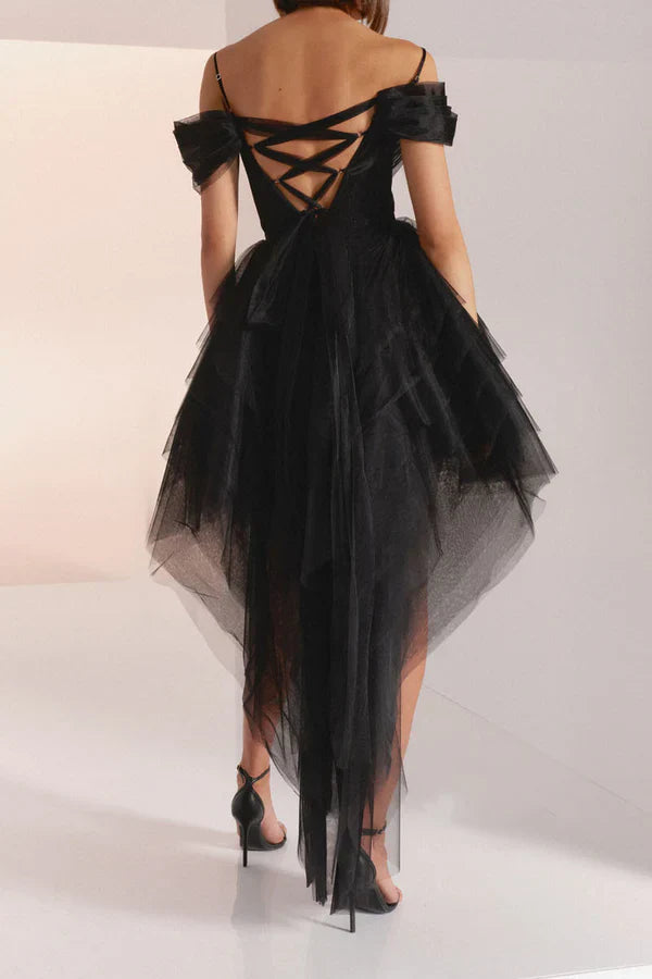 Luolandi Sexy chiffon shoulder baring high-low layered Homecoming Dress Black Without gloves