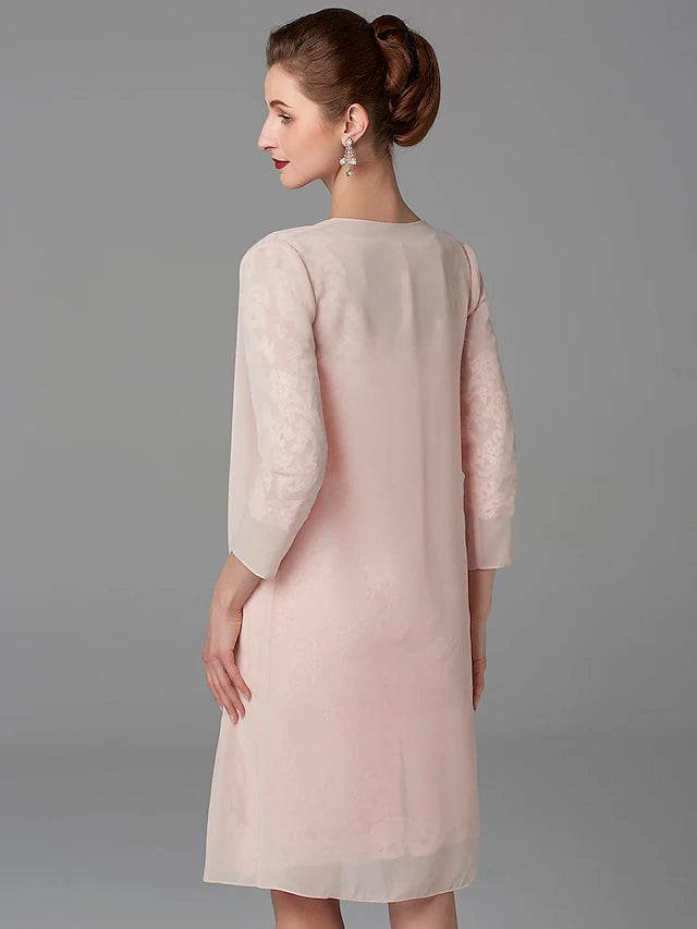 Luolandi Two Piece Sheath / Column Mother of the Bride Dress Church Sparkle & Shine Jewel Neck Knee Length Chiffon Lace 3/4 Length Sleeve Jacket Dresses with Beading