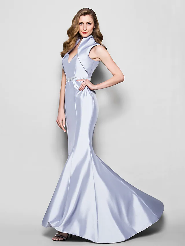 Luolandi Mother of the Bride Dress Queen Anne Taffeta Sleeveless with Sash Ribbon Beading Sky Blue
