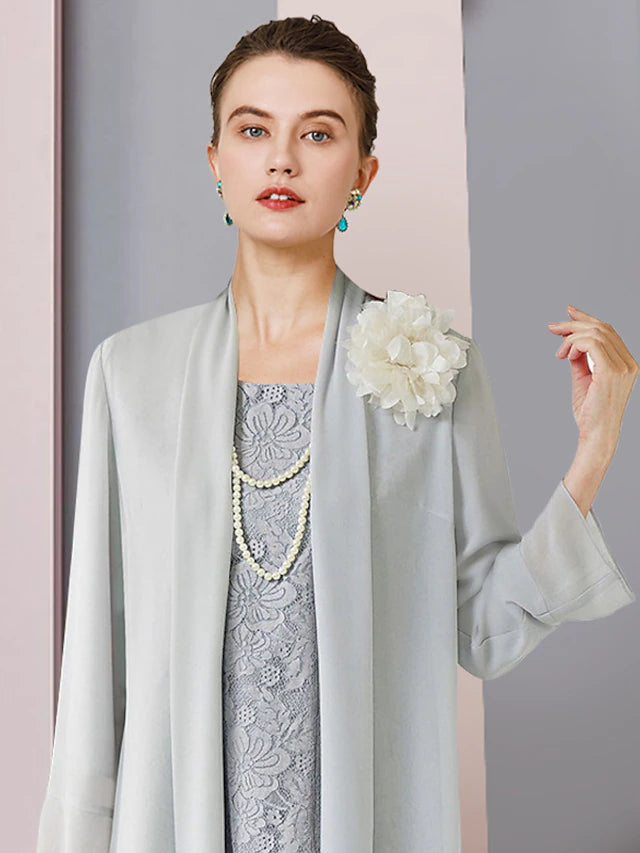 Luolandi Two Piece Sheath / Column Mother of the Bride Dress Formal Wedding Guest Vintage Elegant Scoop Neck Tea Length Chiffon Lace 3/4 Length Sleeve Jacket Dresses