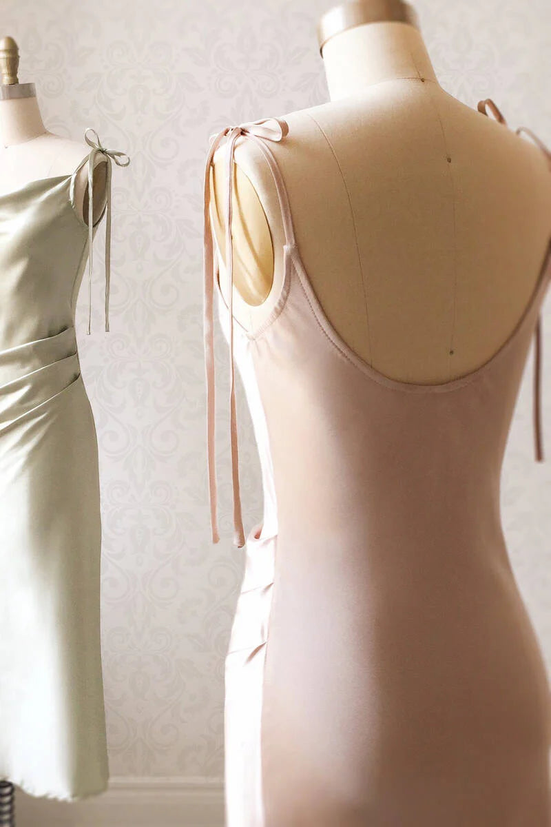 Luolandi Sheath Champagne Long Bridesmaid Dress With Tie Shoulder Simple Party Dress