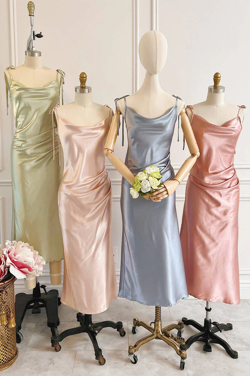 Luolandi Sheath Champagne Long Bridesmaid Dress With Tie Shoulder Simple Party Dress