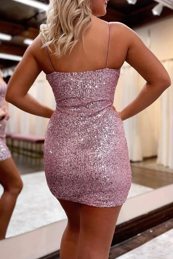 Luolandi Sheath Sparkly Lilac Sequins Spaghetti Straps Tight Short Homecoming Dress Party Dress