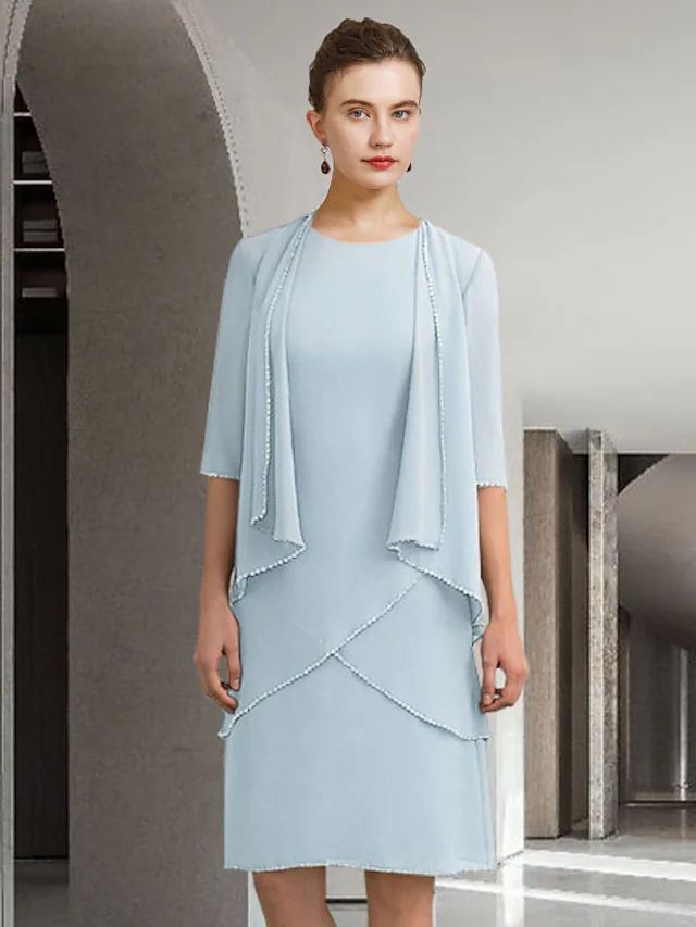 Luolandi Mother of the Bride Dress Elegant Jewel Neck Knee Length Chiffon Lace Half Sleeve with Beading