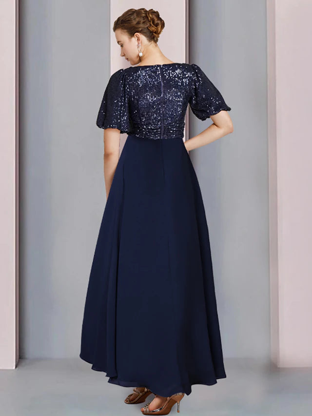 Luolandi Sheath / Column Mother of the Bride Dress Wedding Guest Party Sparkle & Shine V Neck Asymmetrical Chiffon Sequined Short Sleeve with Pleats