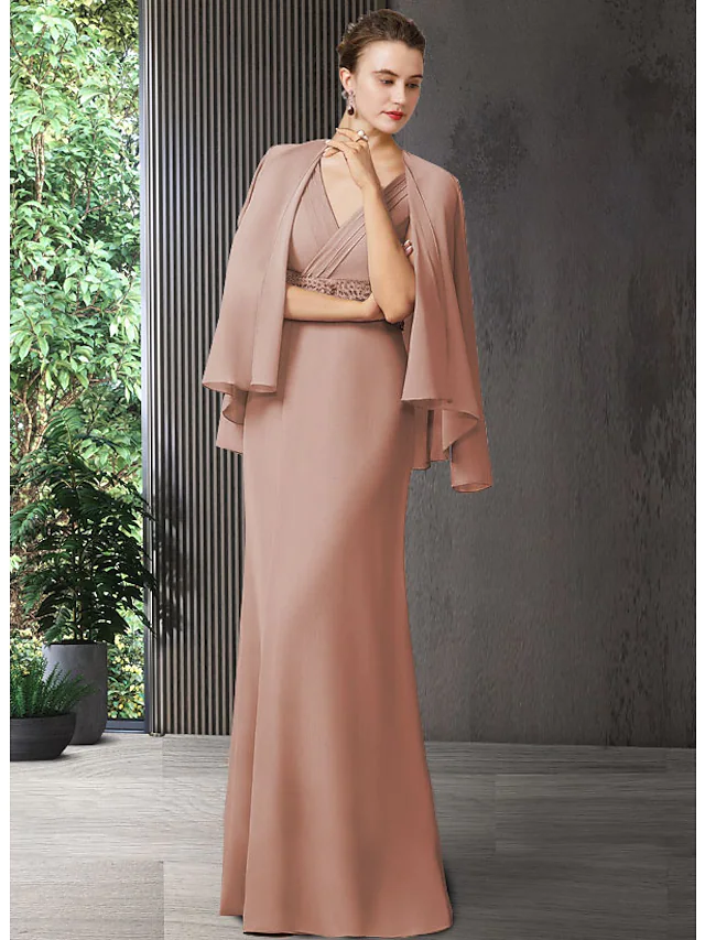 Luolandi Mother of the Bride Dress Elegant V Neck Floor Length Chiffon Sleeveless with Sash Ribbon Pure Color