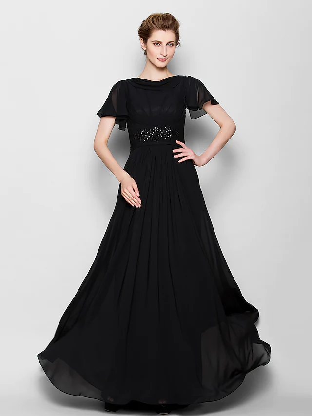 Luolandi A-Line Mother of the Bride Dress See Through Bateau Neck Floor Length Chiffon Short Sleeve with Beading Black