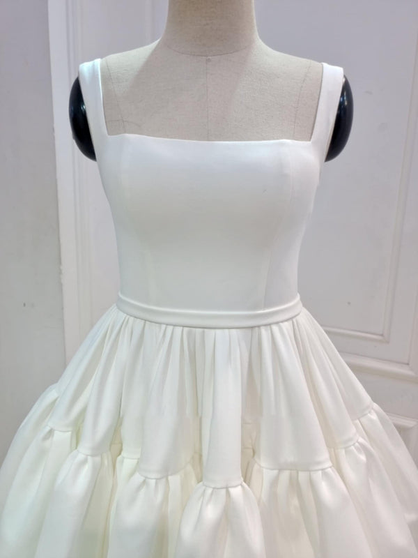 Luolandi A-Line Boat-Neck Mini-Length Sleeveless Satin Pleats Wedding Dress Short