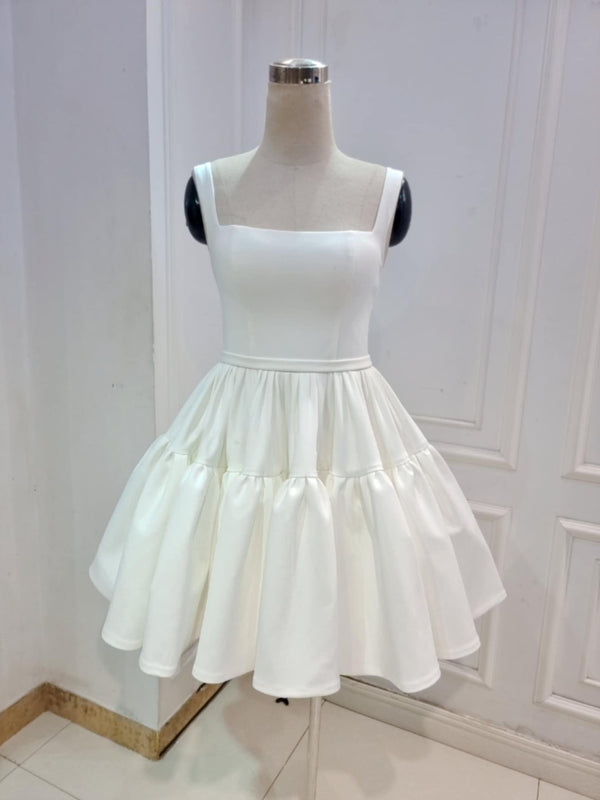 Luolandi A-Line Boat-Neck Mini-Length Sleeveless Satin Pleats Wedding Dress Short