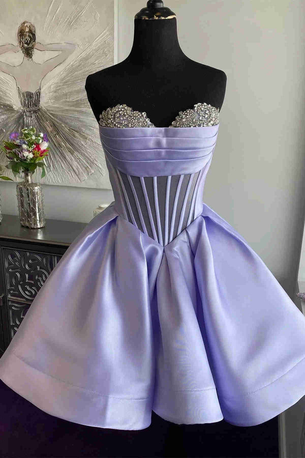 Luolandi Sweetheart A Line Strapless Pleated Short Party Dress with Rhinestones Homecoming Dress