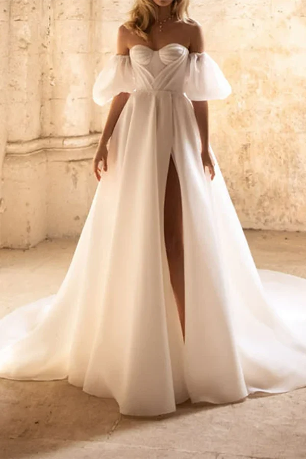 Luolandi Line Sweetheart Short sleeved Countryside Wedding Dress Paired with Palace Train Off Shoulder With Slit