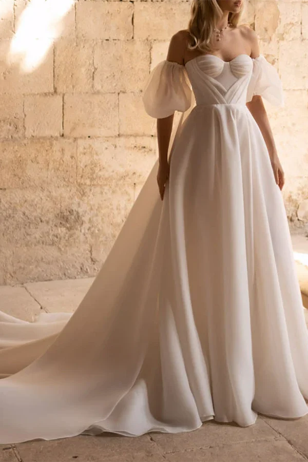 Luolandi Line Sweetheart Short sleeved Countryside Wedding Dress Paired with Palace Train Off Shoulder With Slit