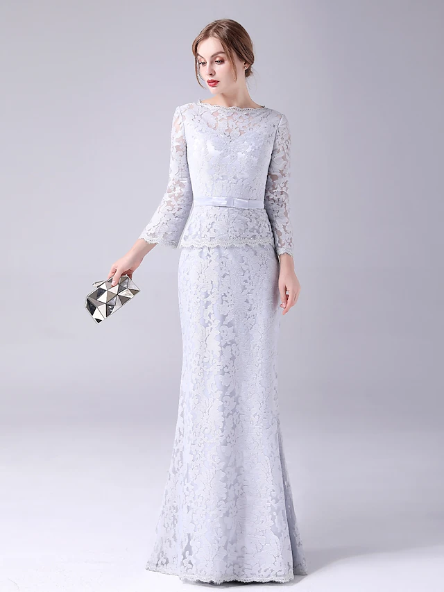 Luolandi Mother of the Bride Dress Elegant Sweet Jewel Neck Floor Length Lace Long Sleeve with Bow(s)