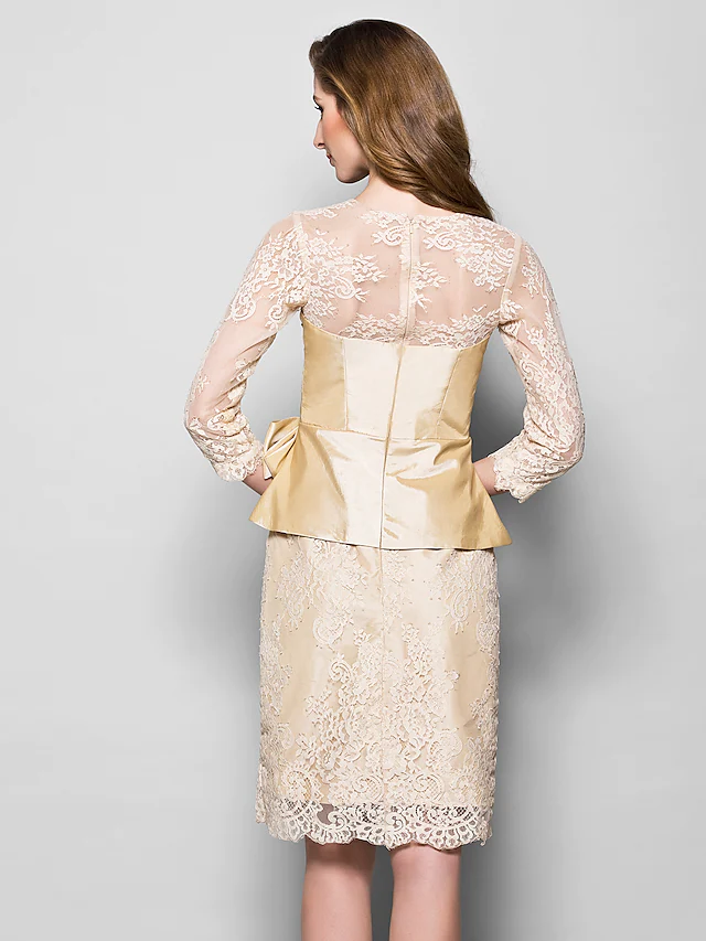 Luolandi Mother of the Bride Dress Vintage Inspired Jewel Neck Knee Length Lace Taffeta 3/4 Length Sleeve with Bow(s) Champagne