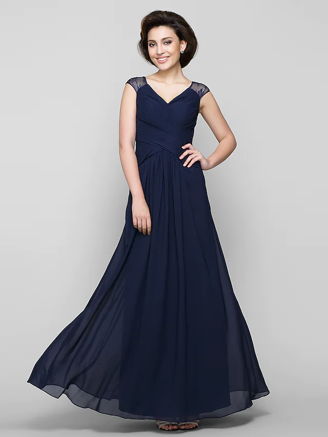 Luolandi A-Line Mother of the Bride Dress See Through V Neck Ankle Length Chiffon Lace Sleeveless with Lace