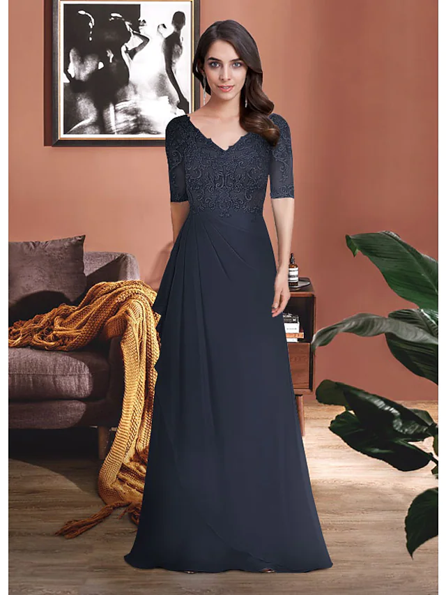 Luolandi Mother of the Bride Dress Elegant V Neck Chiffon Lace Half Sleeve with Appliques Ruching Dark Navy