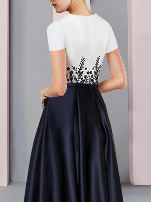 Luolandi Sheath / Column Mother of the Bride Dress Formal Party Elegant Scoop Neck Asymmetrical Satin Short Sleeve with Pleats