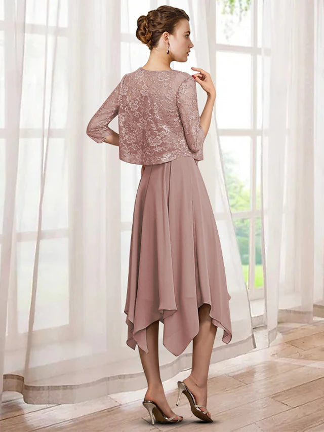 Luolandi Two Piece A-Line Mother of the Bride Dress Elegant Jewel Neck Tea Length Chiffon Lace Half Sleeve Wrap Included