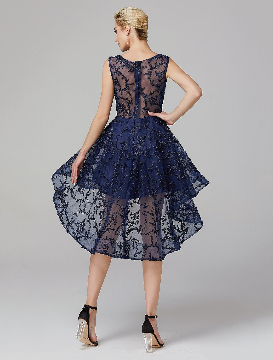 Luolandi A-Line Hot Dress Wedding Guest Cocktail Party Asymmetrical Sleeveless Illusion Neck Tulle