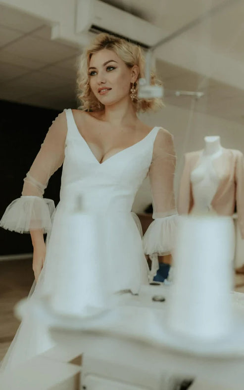 Luolandi Simple A Line Tulle V-neck Bell Wedding Dress with Ruching