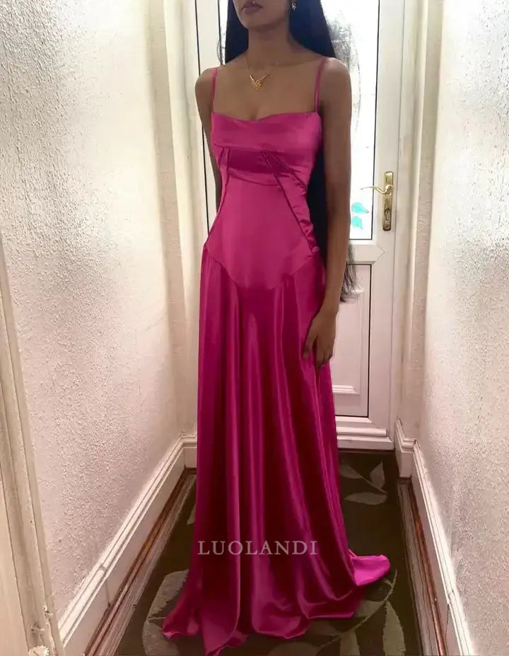 Luolandi Elegant A-Line Spaghetti Straps Sleeveless Satin Long Formal Prom Dresses Sweet Graduation Dress Cute Party Evening Gowns