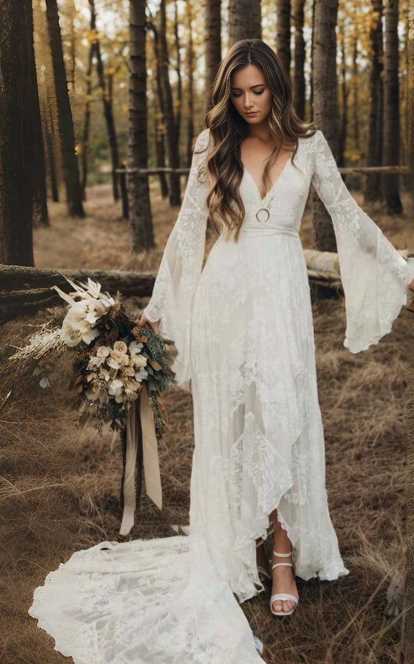Luolandi Simple Casual Long Sleeves Boho Lace Wedding Dress With Sweep Train V-neck Sexy