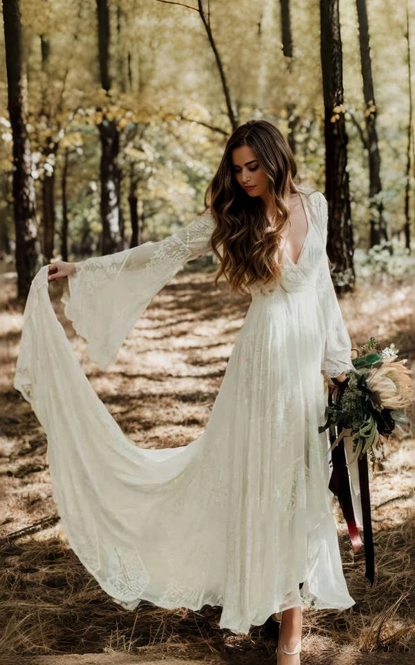 Luolandi Simple Casual Long Sleeves Boho Lace Wedding Dress With Sweep Train V-neck Sexy