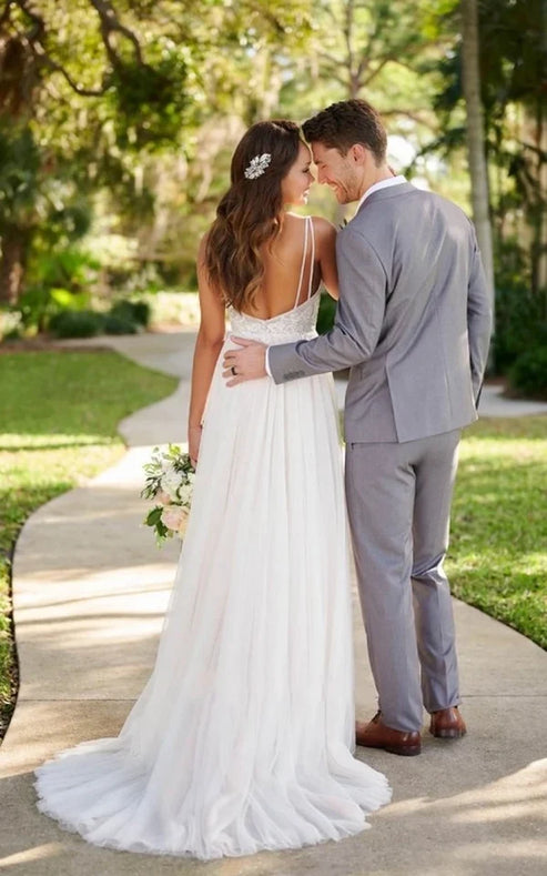 Luolandi Simple Classic Tulle Applique Wedding Gown Garden A-Line Backless Spaghetti Wedding Dress Sexy