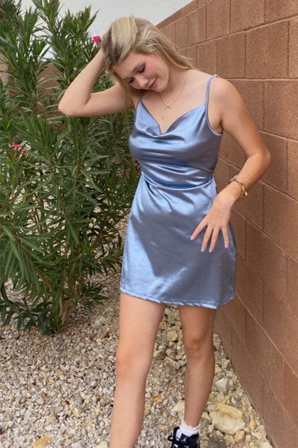 Luolandi Simple Cowl Neck Champagne Satin Homecoming Dress Sexy Party Dress