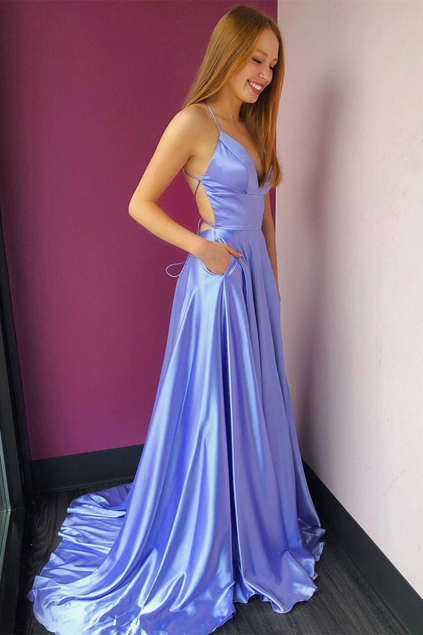 Luolandi Simple High Slit Lavender Long Prom Dress with Pockets Sexy Party Dress Evening Dress